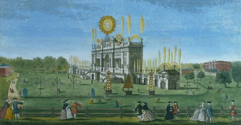 Eine perspektivische Ansicht des Gebäudes für das Feuerwerk im Green Park, vom Reservoir aus gesehen, graviert von Paul Angier, 1749
